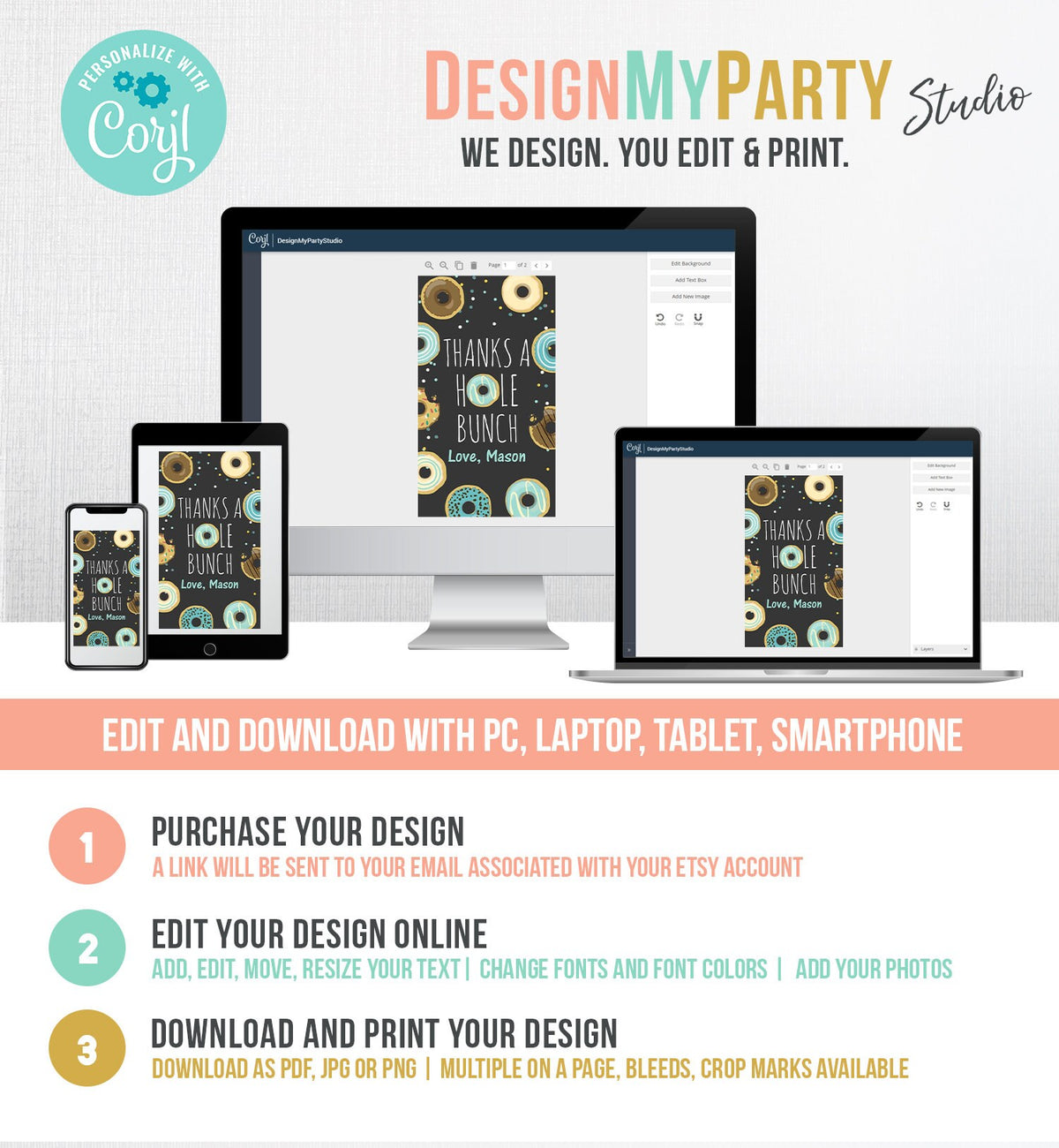 Editable Donut Favor Tags Tags Donut Birthday Donut Thank you tags A hole bunch Birthday Boy Blue Donut tags Template PRINTABLE Corjl 0050