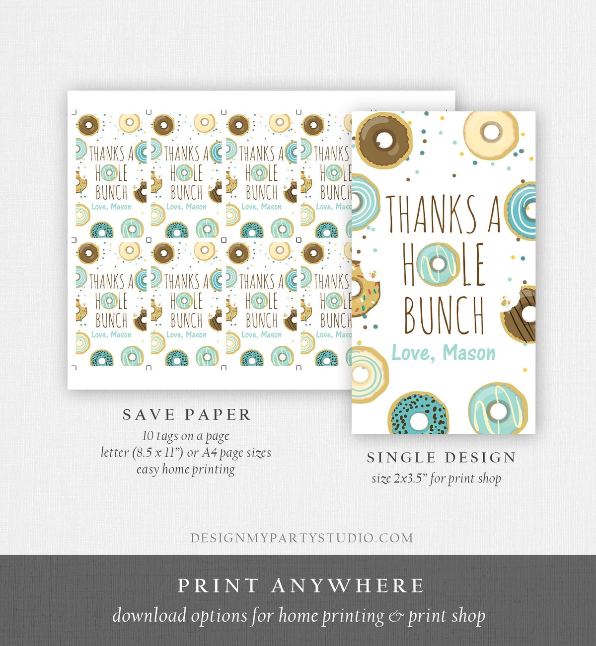 Editable Donut Favor Tags Tags Donut Birthday Donut Thank you tags A hole bunch Birthday Boy Blue Donut tags Template PRINTABLE Corjl 0050