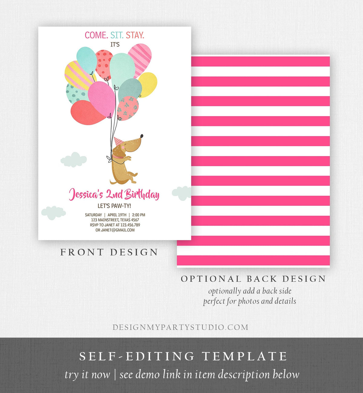 Editable Dog Invitation Dog Party Puppy Party Invite Dog Birthday paw-ty Invite Pink Girl Dog Theme Download Printable Template Corjl 0279