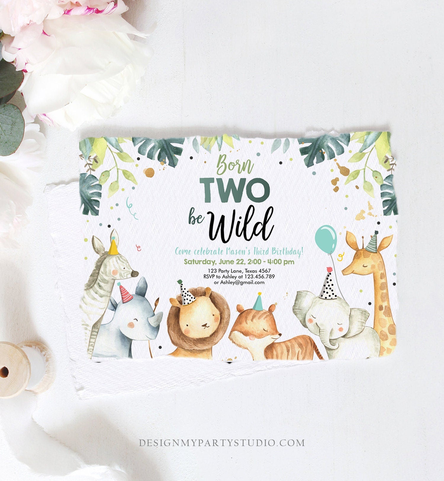 Editable Born Two Be Wild Birthday Invitation Safari Animals Green Gold Boy Jungle Zoo Second Birthday 2nd Digital Template Printable 0163