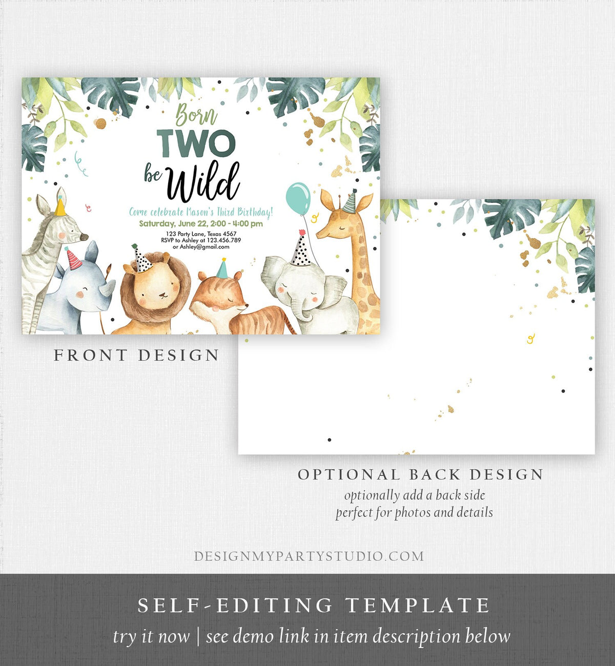 Editable Born Two Be Wild Birthday Invitation Safari Animals Green Gold Boy Jungle Zoo Second Birthday 2nd Digital Template Printable 0163