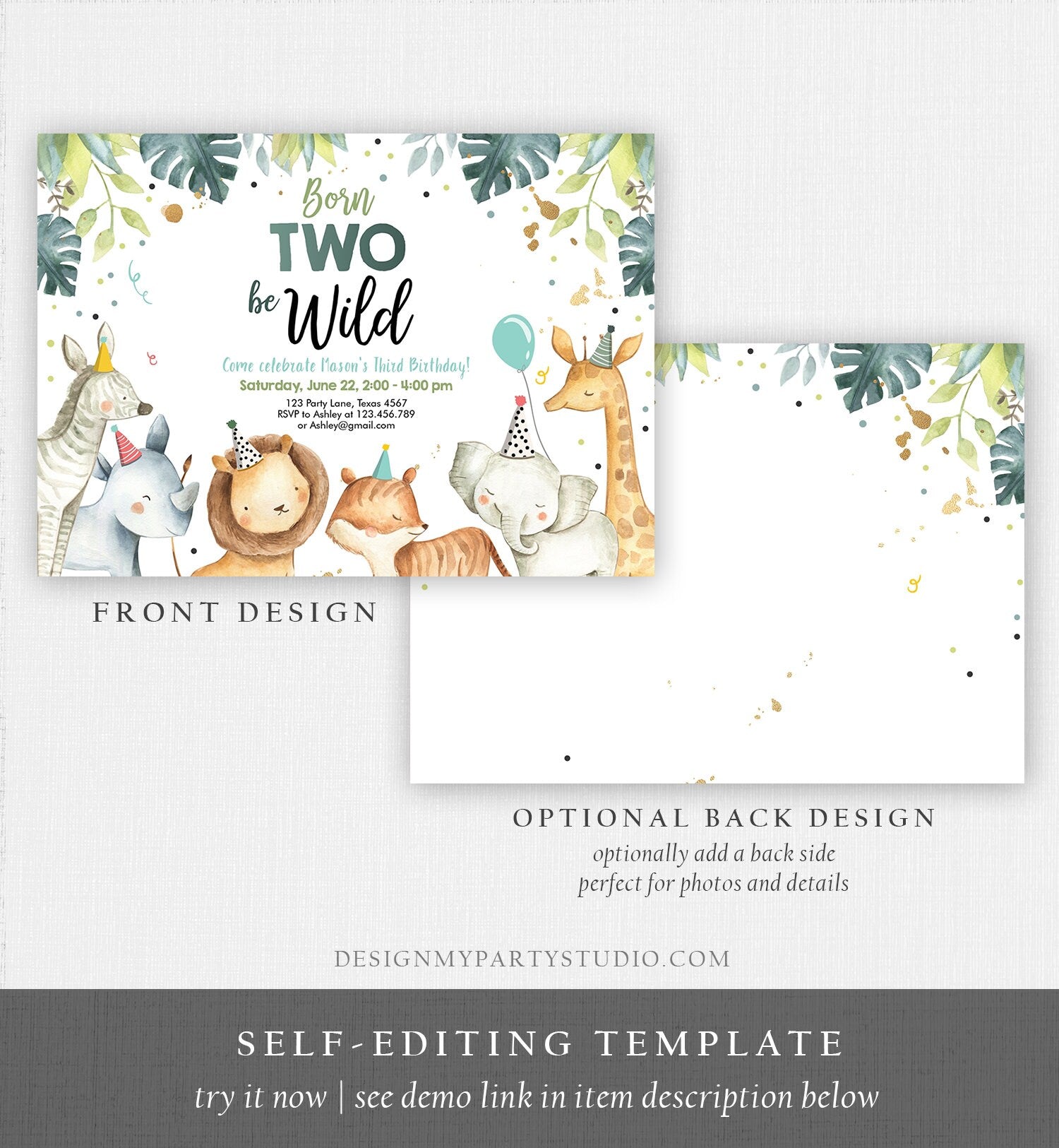 Editable Born Two Be Wild Birthday Invitation Safari Animals Green Gold Boy Jungle Zoo Second Birthday 2nd Digital Template Printable 0163