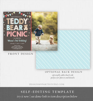 Editable Teddy Bear Picnic Birthday Invitation Boy Blue Brown Red Gingham Bear Picnic Outdoor Party Printable Digital Corjl Template 0100