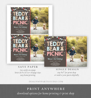 Editable Teddy Bear Picnic Birthday Invitation Boy Blue Brown Red Gingham Bear Picnic Outdoor Party Printable Digital Corjl Template 0100