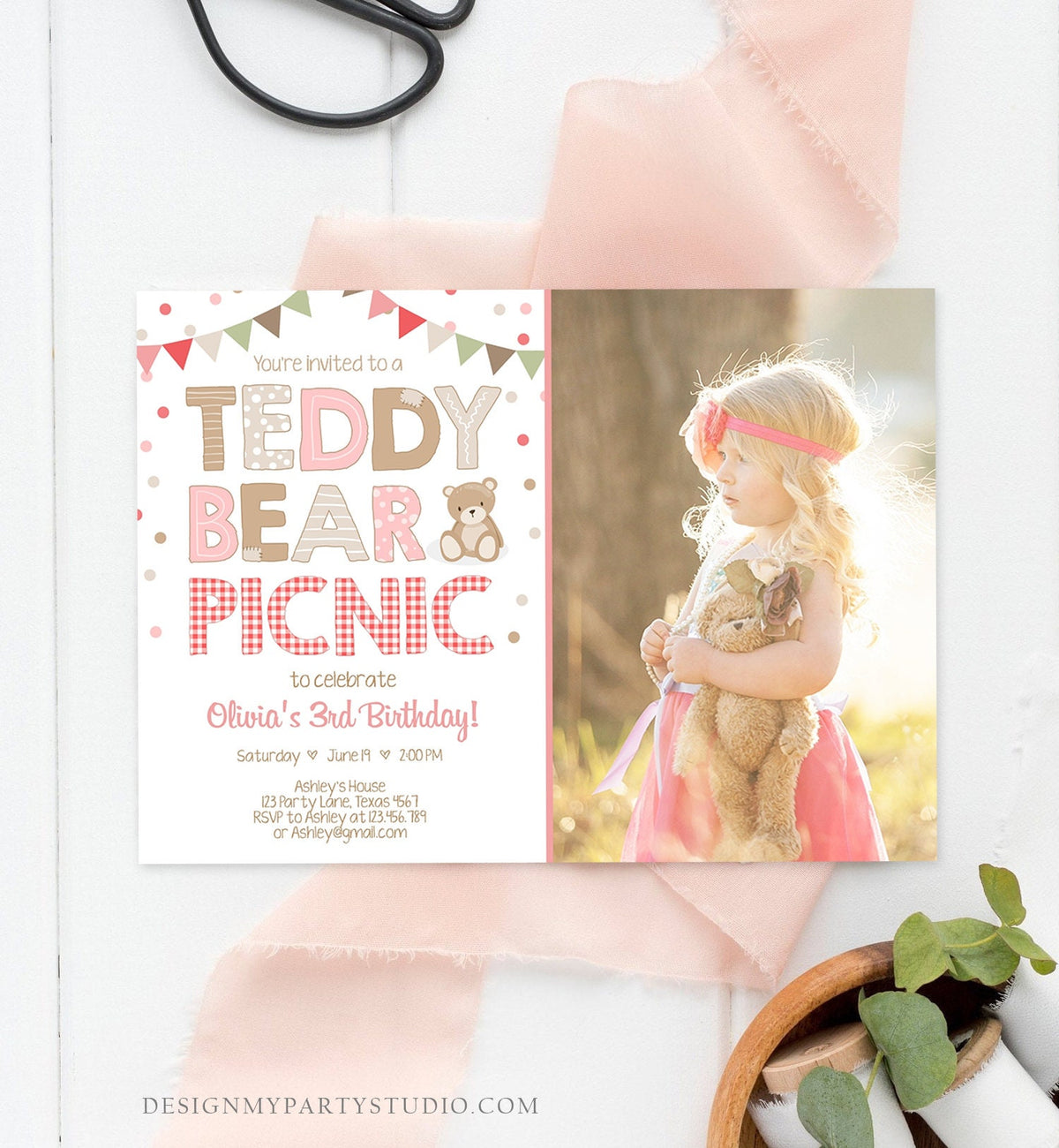 Editable Teddy Bear Picnic Birthday Invitation Girl Pink Red Gingham Bear Picnic Summer Outdoor Party Printable Digital Corjl Template 0100