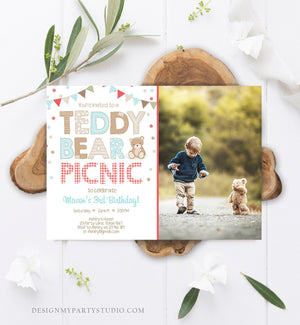 Editable Teddy Bear Picnic Birthday Invitation Boy Blue Brown Red Gingham Bear Picnic Outdoor First Birthday Digital Corjl Template 0100