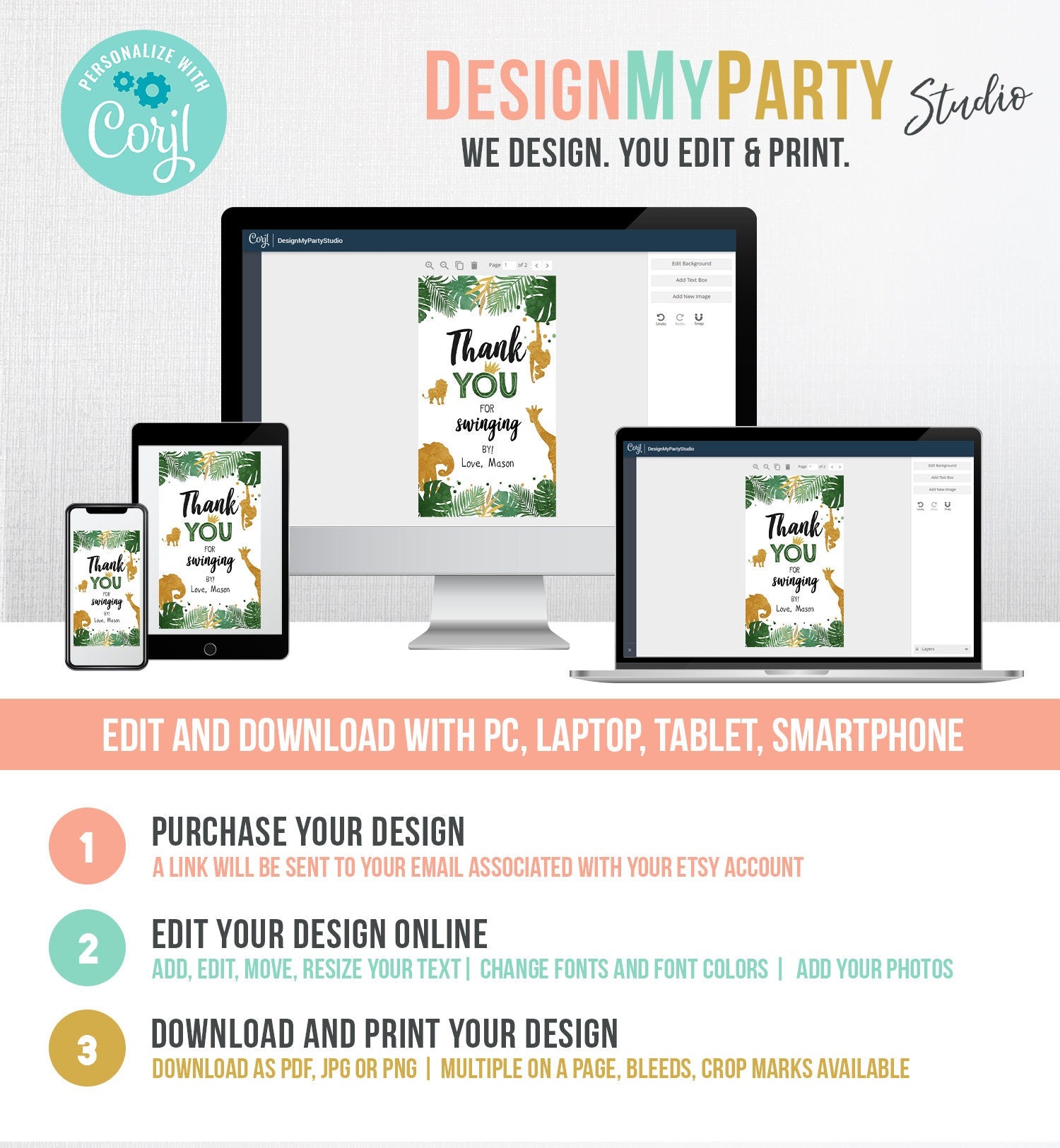 Editable Safari Animals Favor Tags Thank You for Swinging By Wild One Label Jungle Zoo Boy Green Gold Gift Tag Download Corjl Template 0016