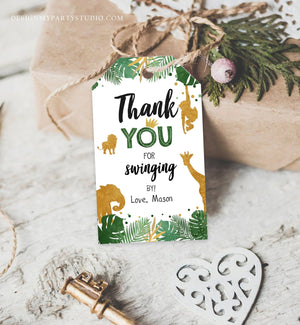 Editable Safari Animals Favor Tags Thank You for Swinging By Wild One Label Jungle Zoo Boy Green Gold Gift Tag Download Corjl Template 0016