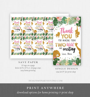 Editable Two Wild Safari Animals Favor Tags Second Birthday Jungle Zoo Animals Thank You Tags 2nd Girl Pink Gold Digital Corjl Template 0016