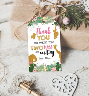Editable Two Wild Safari Animals Favor Tags Second Birthday Jungle Zoo Animals Thank You Tags 2nd Girl Pink Gold Digital Corjl Template 0016