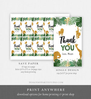 Editable Safari Animals Favor Tags Thank You Wild One Label Jungle Zoo Wild Animals Boy Green Gold Gift Tag Download Corjl Template 0016