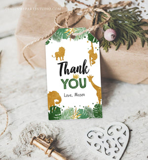 Editable Safari Animals Favor Tags Thank You Wild One Label Jungle Zoo Wild Animals Boy Green Gold Gift Tag Download Corjl Template 0016