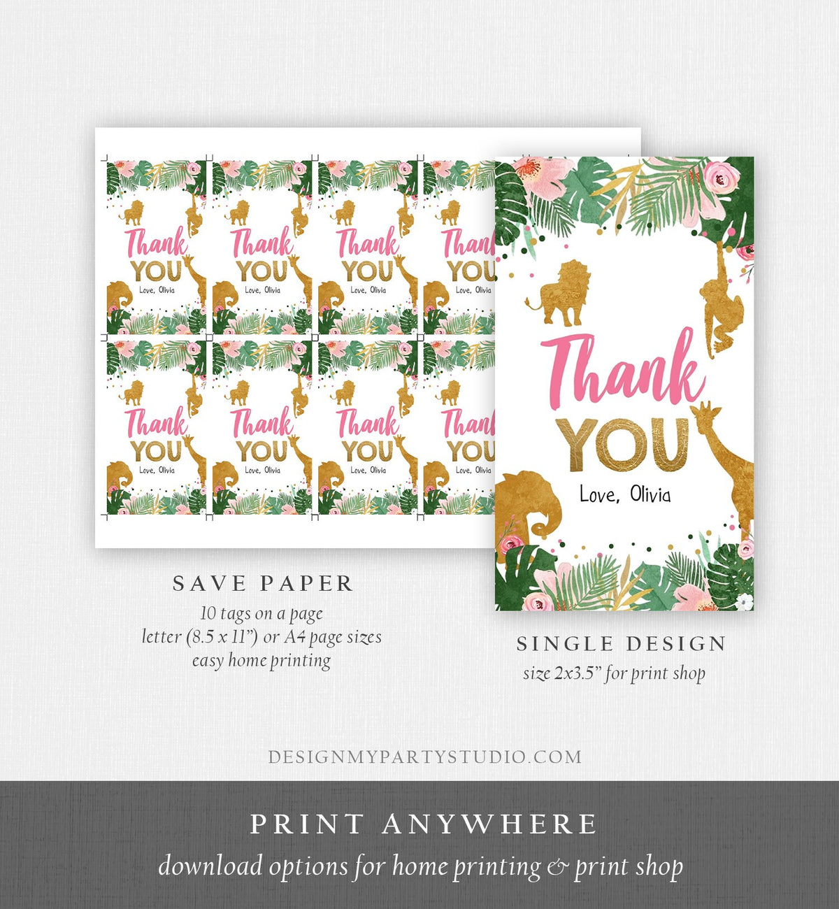 Editable Safari Animals Favor Tags Thank You Wild One Label Jungle Zoo Wild Animals Pink Gold Confetti Gift Download Corjl Template 0016