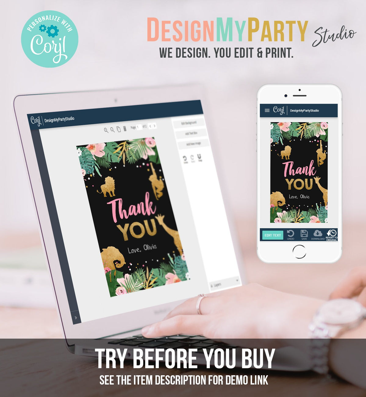 Editable Safari Animals Favor Tags Thank You Wild One Label Jungle Zoo Wild Animals Girl Pink Gold Black Gift Download Corjl Template 0016