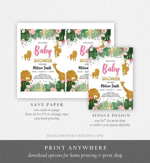Editable Safari Animals Baby Shower Invitation Wild One Jungle Zoo Wild Animals Pink Gold Girl Corjl Template Instant Download Digital 0016