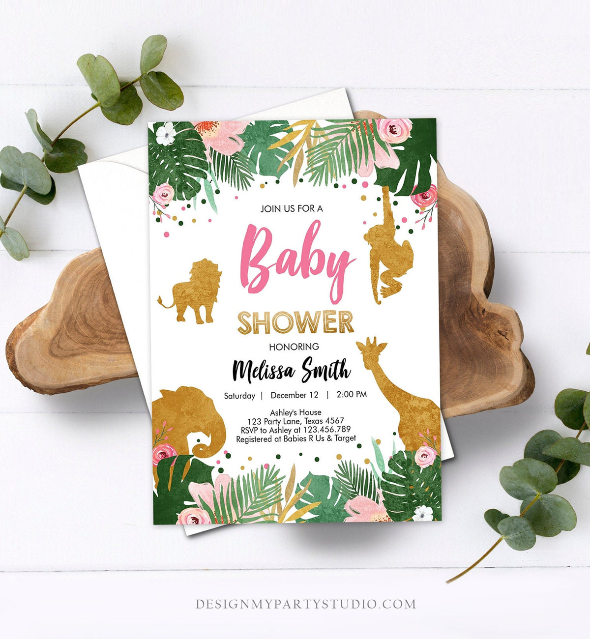 Editable Safari Animals Baby Shower Invitation Wild One Jungle Zoo Wild Animals Pink Gold Girl Corjl Template Instant Download Digital 0016