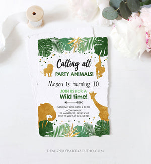 Editable Safari Animals Birthday Invitation ANY AGE Calling All Party Animals Boy Gold Green Jungle Download Printable Corjl Template 0016