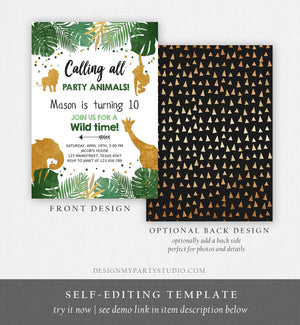 Editable Safari Animals Birthday Invitation ANY AGE Calling All Party Animals Boy Gold Green Jungle Download Printable Corjl Template 0016