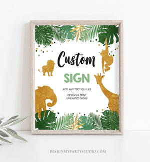 Editable Safari Animals Custom Sign Birthday Table Sign Decor Jungle Green Gold Boy Instant Download Corjl Template 8x10 Printable 0016