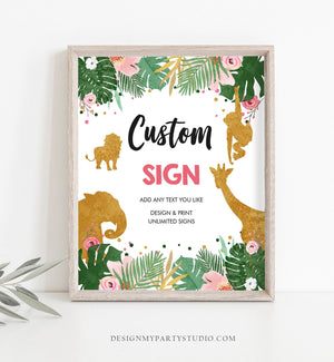 Editable Safari Animals Custom Sign Birthday Table Sign Decor Jungle Green Pink Girl Instant Download Corjl Template 8x10 Printable 0016