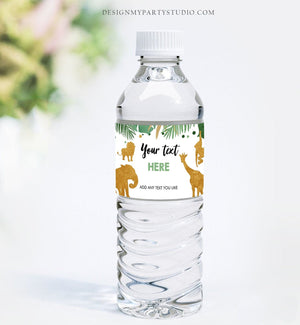 Editable Safari Animals Water Bottle Labels Birthday Wild One Decor Jungle Zoo Animals Boy Gold Green Labels Tropical Corjl Template 0016