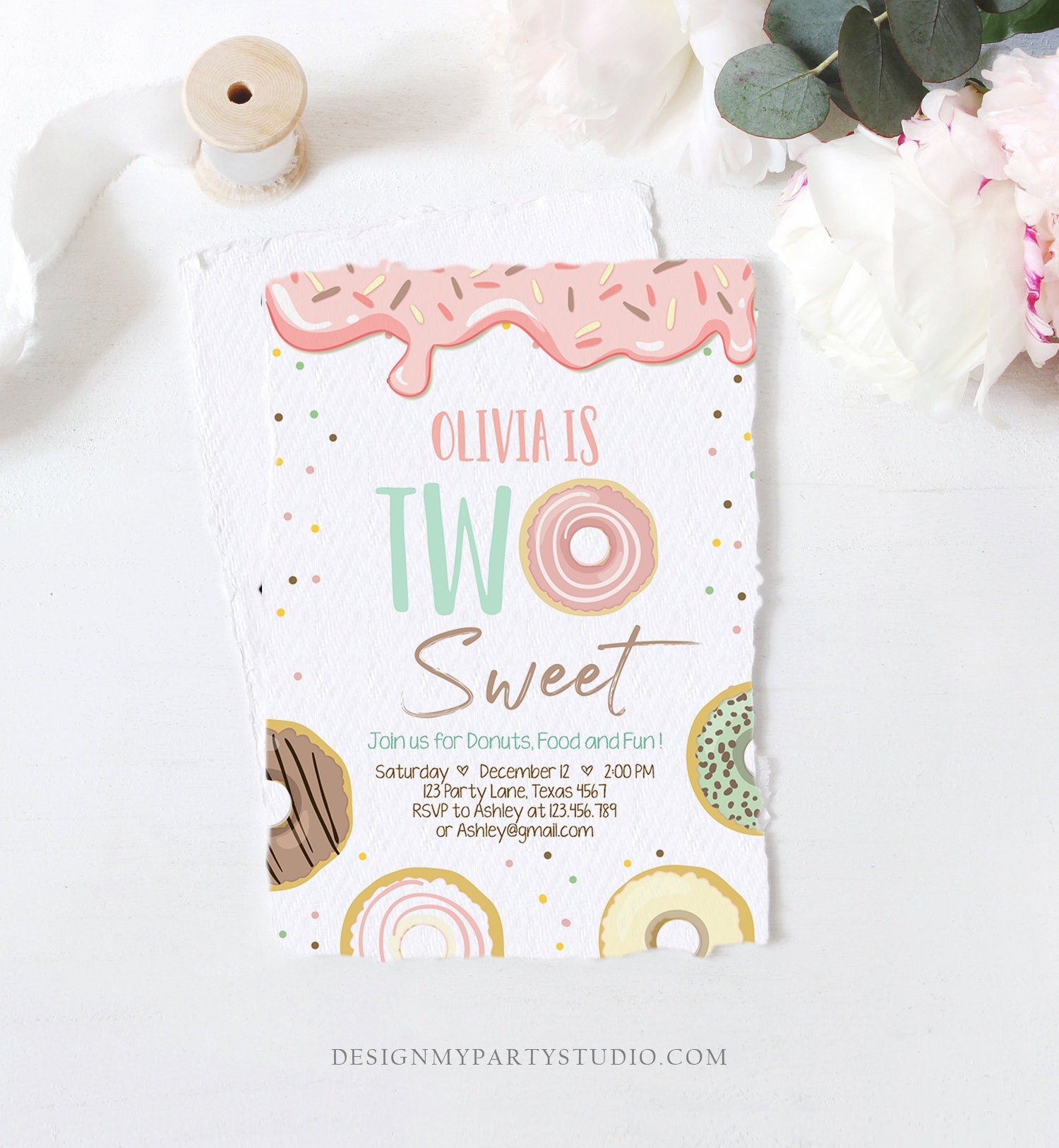 Editable Donut Two Sweet Birthday Invitation Second Birthday Party Pink Girl Doughnut 2nd Digital Download Printable Template Evite 0320