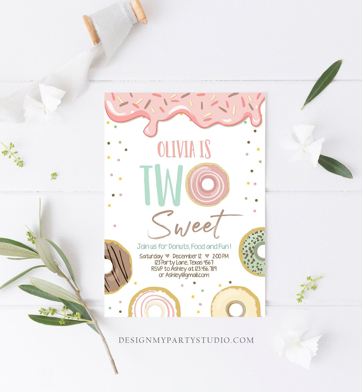 Editable Donut Two Sweet Birthday Invitation Second Birthday Party Pink Girl Doughnut 2nd Digital Download Printable Template Evite 0320