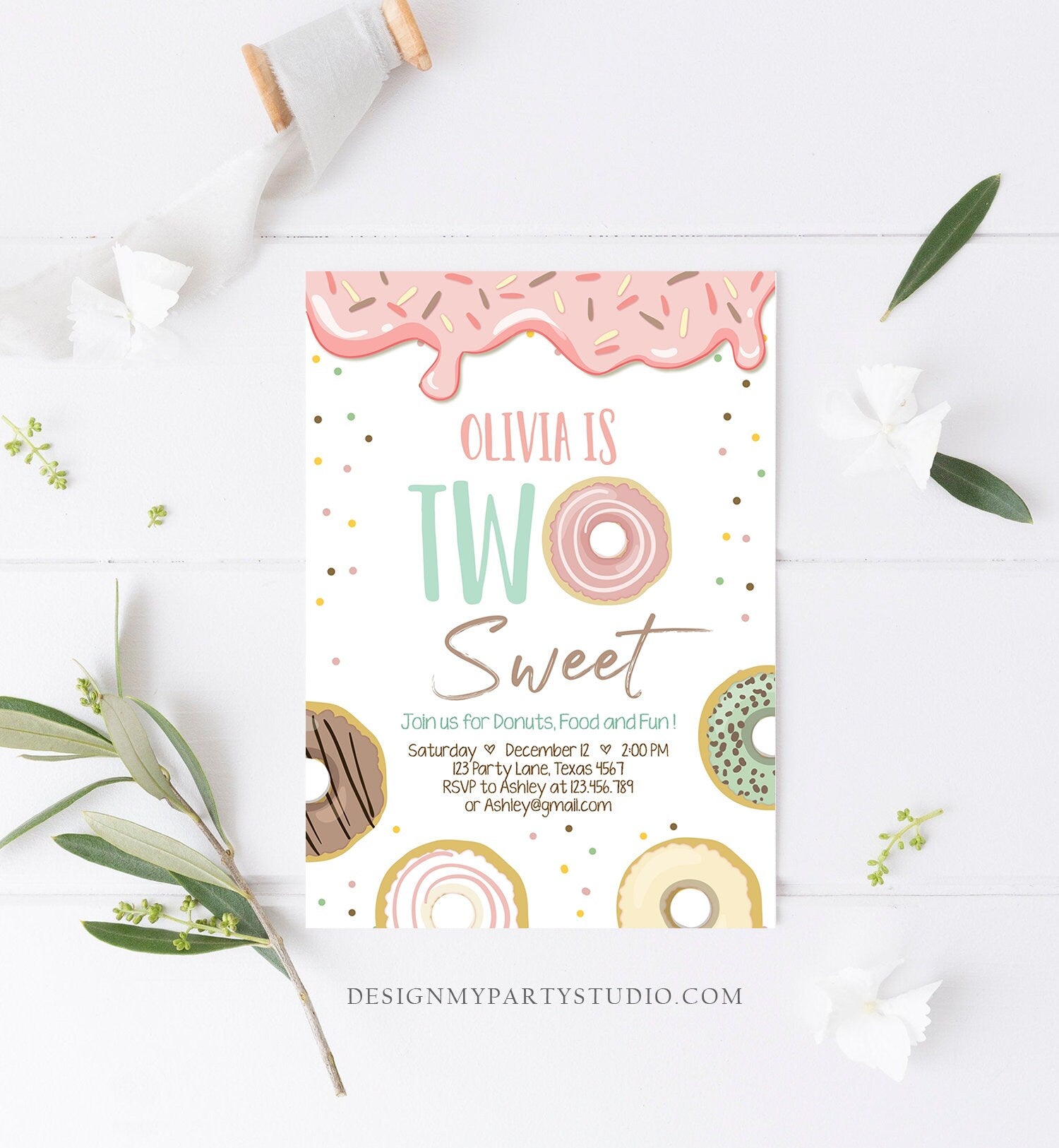 Editable Donut Two Sweet Birthday Invitation Second Birthday Party Pink Girl Doughnut 2nd Digital Download Printable Template Evite 0320