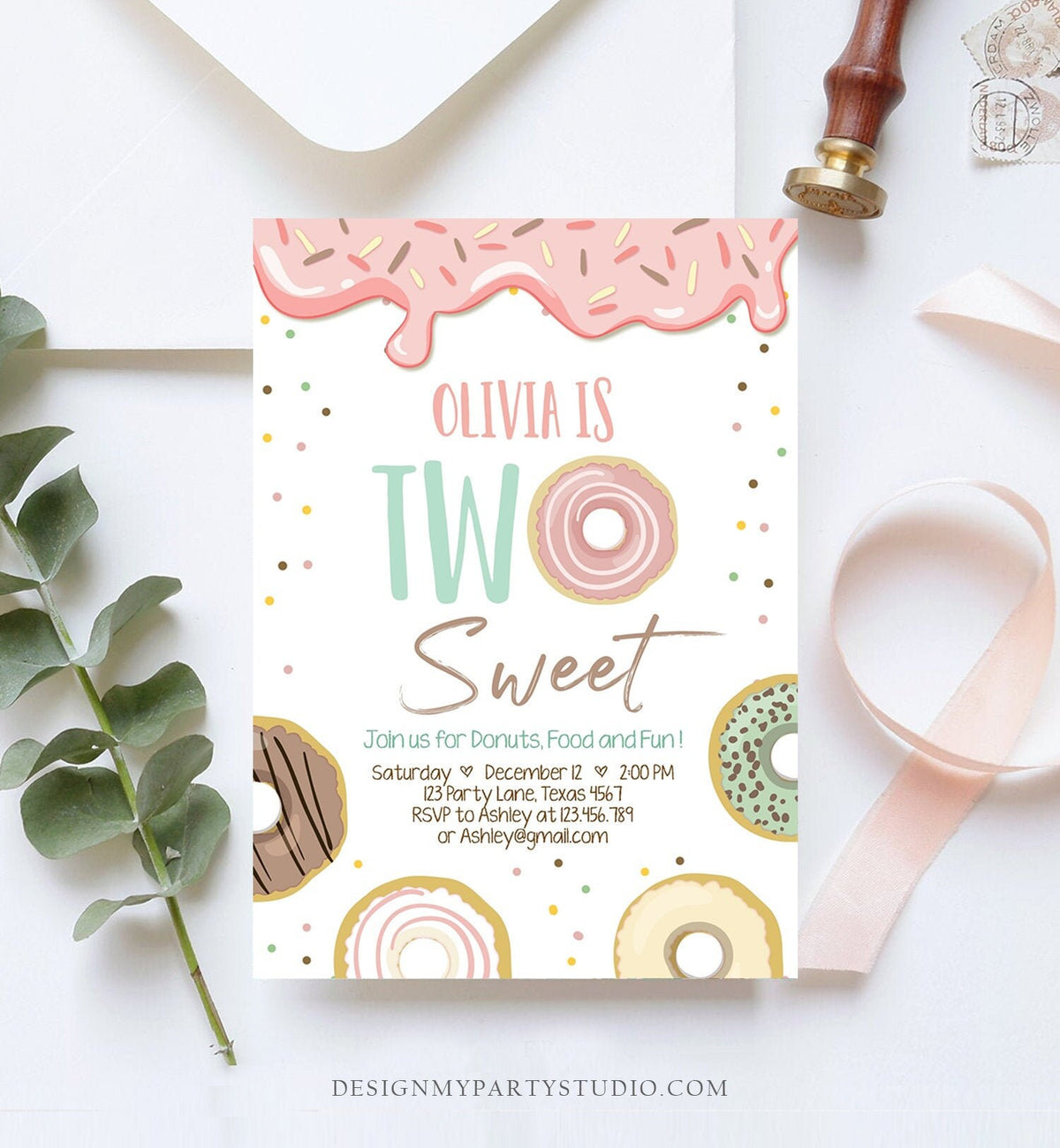 Editable Donut Two Sweet Birthday Invitation Second Birthday Party Pink Girl Doughnut 2nd Digital Download Printable Template Evite 0320