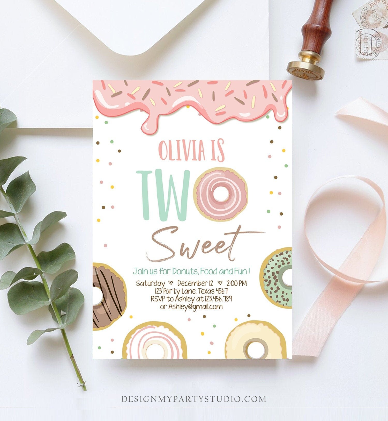 Editable Donut Two Sweet Birthday Invitation Second Birthday Party Pink Girl Doughnut 2nd Digital Download Printable Template Evite 0320