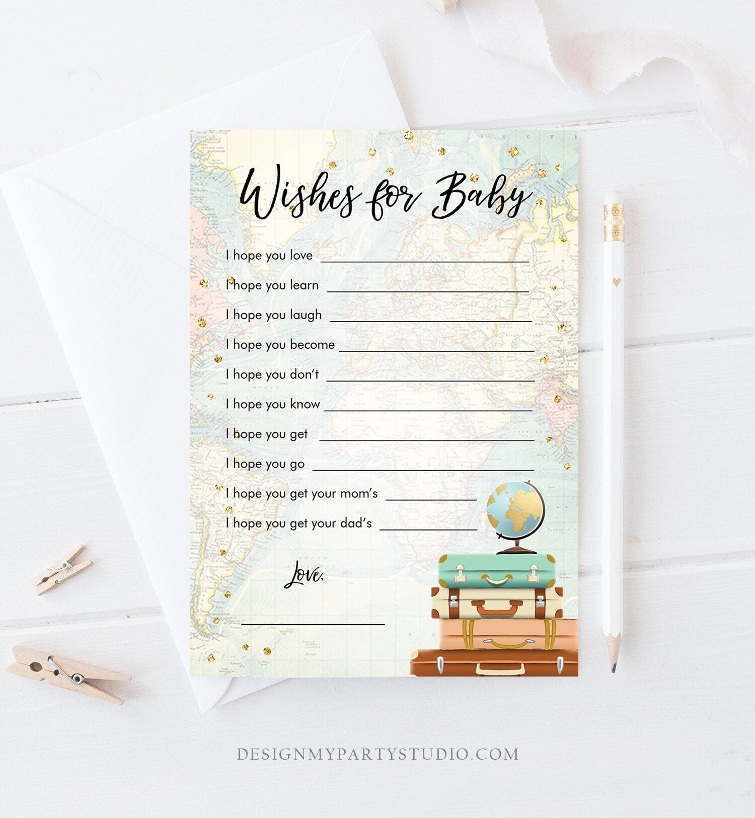 Editable Wishes for Baby Game Cards Adventure Baby Shower Game Journey Travel Baby Shower Activity Printable Download Template Corjl 0263