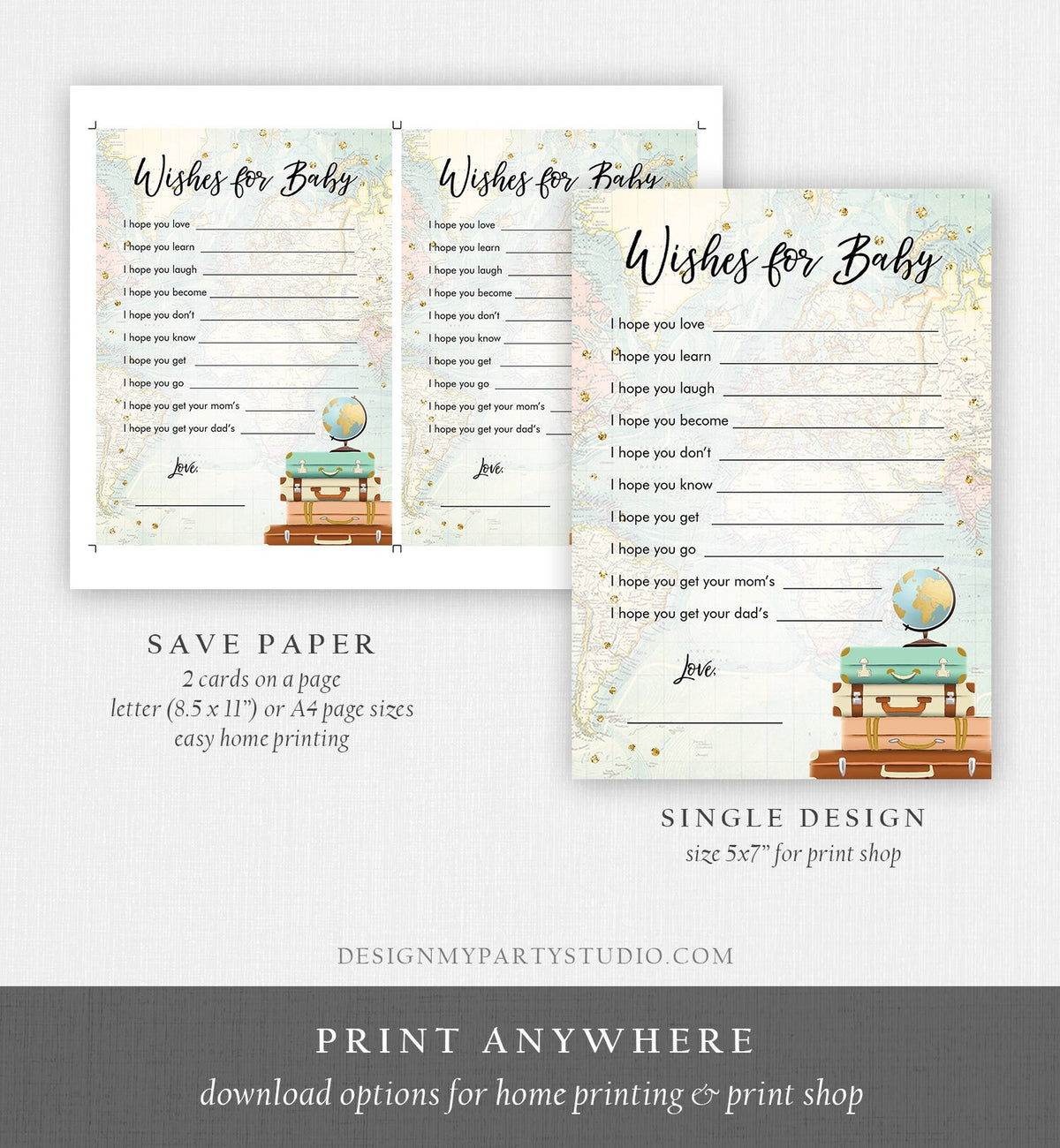Editable Wishes for Baby Game Cards Adventure Baby Shower Game Journey Travel Baby Shower Activity Printable Download Template Corjl 0263