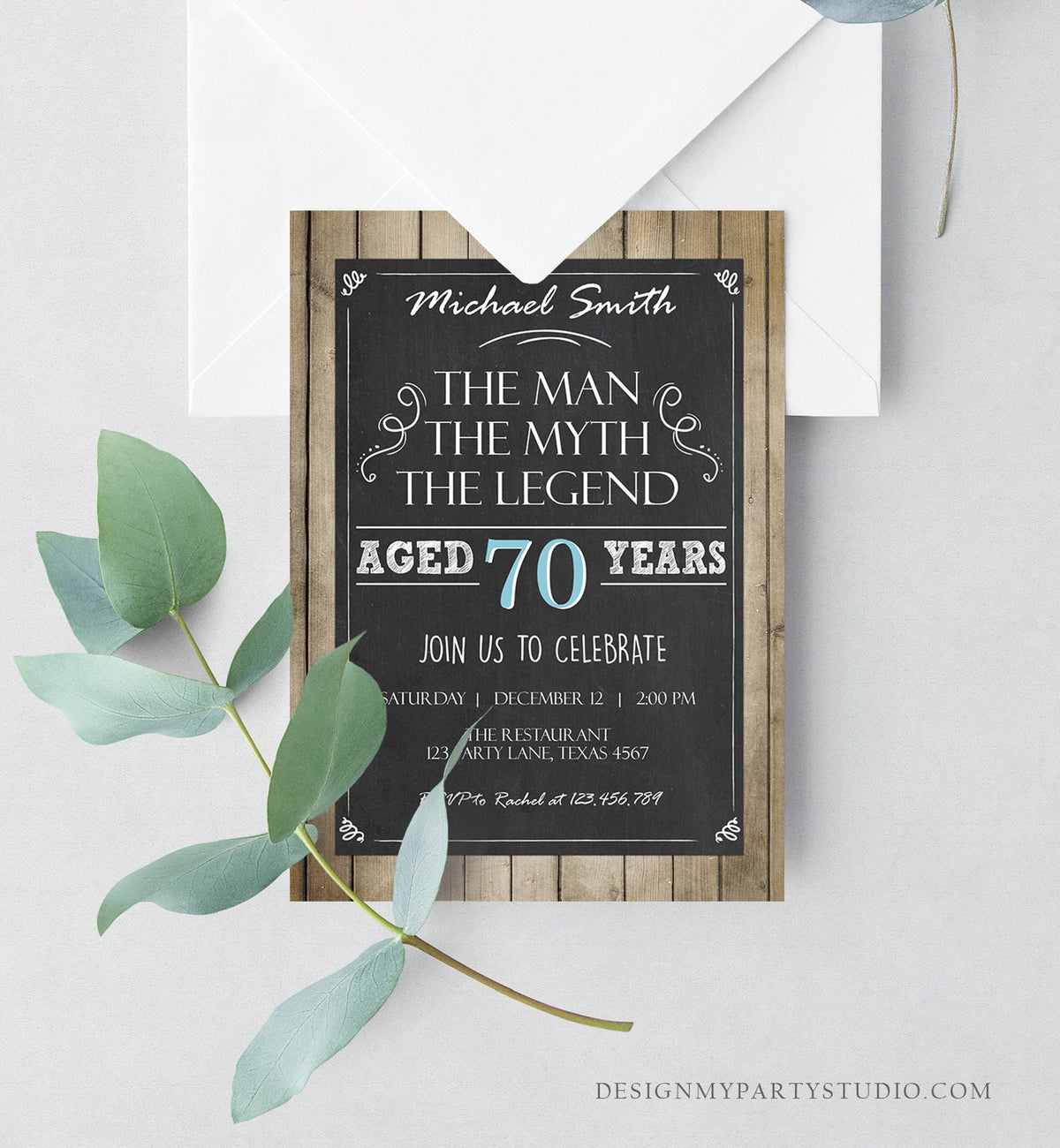 Editable The Man The Myth The Legend Birthday Invite Man Men Adult Birthday Wood Rustic Chalk Download Printable Invitation Corjl 0101