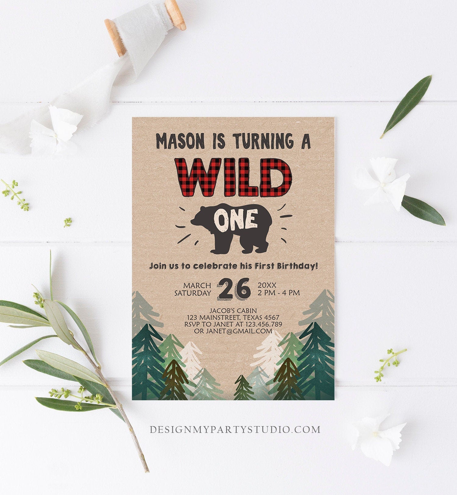 Editable Wild One Birthday Invitation Lumberjack First Birthday Trees Red Black Plaid Outdoor Bear Digital Download Template Printable 0026