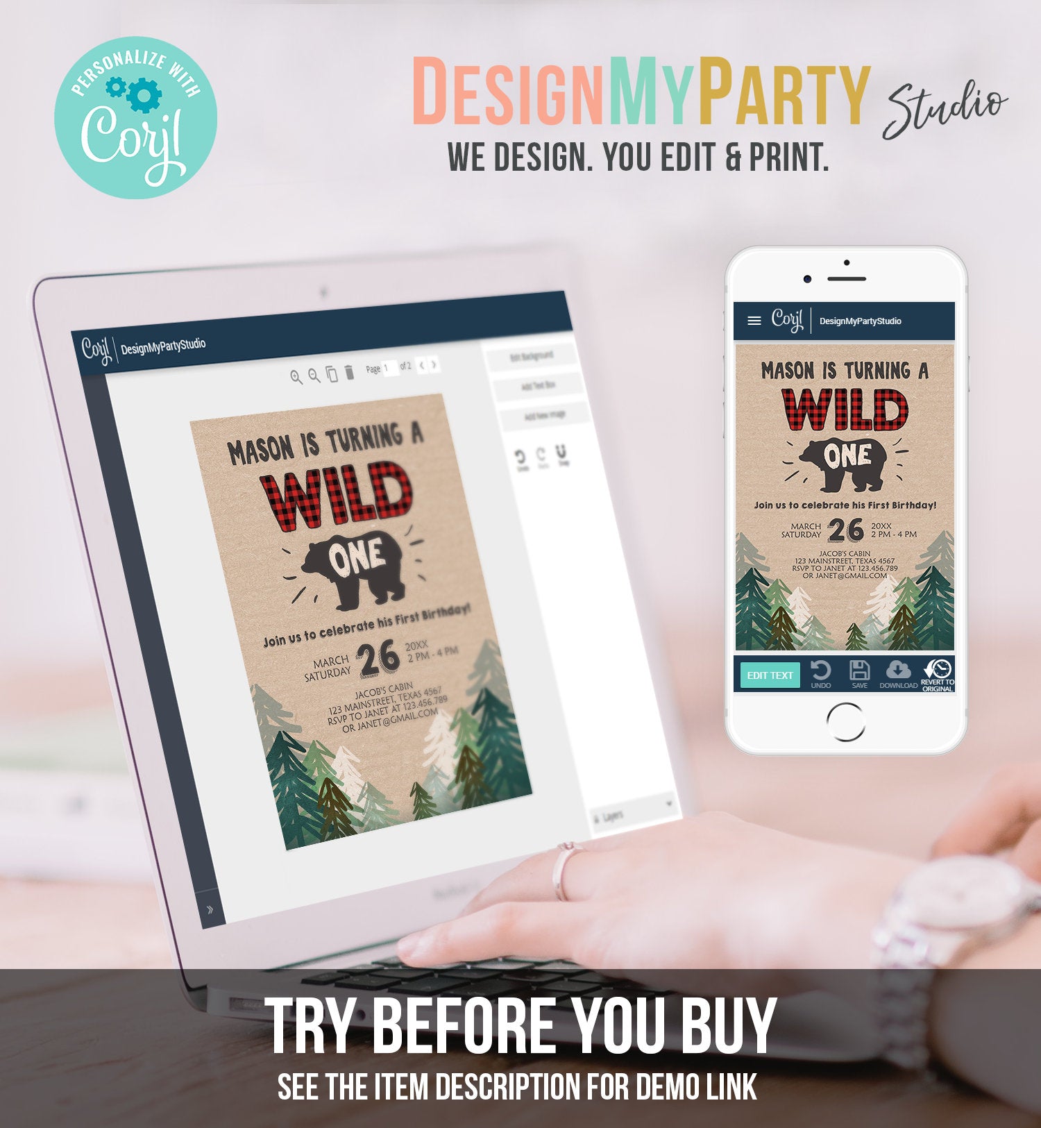 Editable Wild One Birthday Invitation Lumberjack First Birthday Trees Red Black Plaid Outdoor Bear Digital Download Template Printable 0026