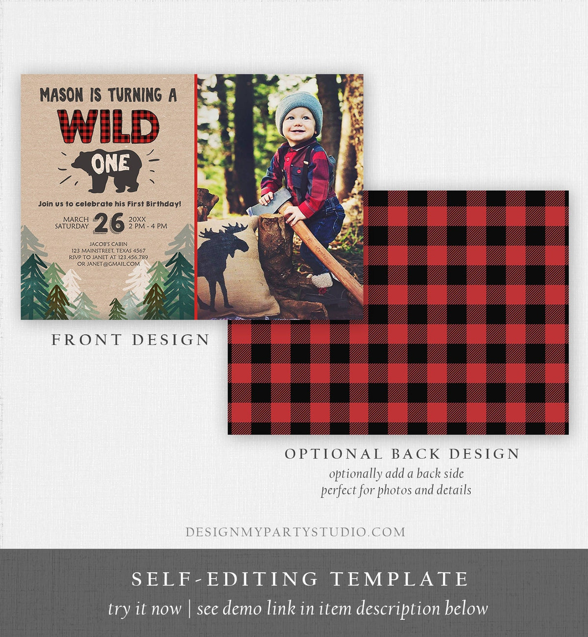 Editable Wild One Birthday Invitation Lumberjack First Birthday Trees Red Black Plaid Outdoor Bear Download Printable Template Corjl 0026