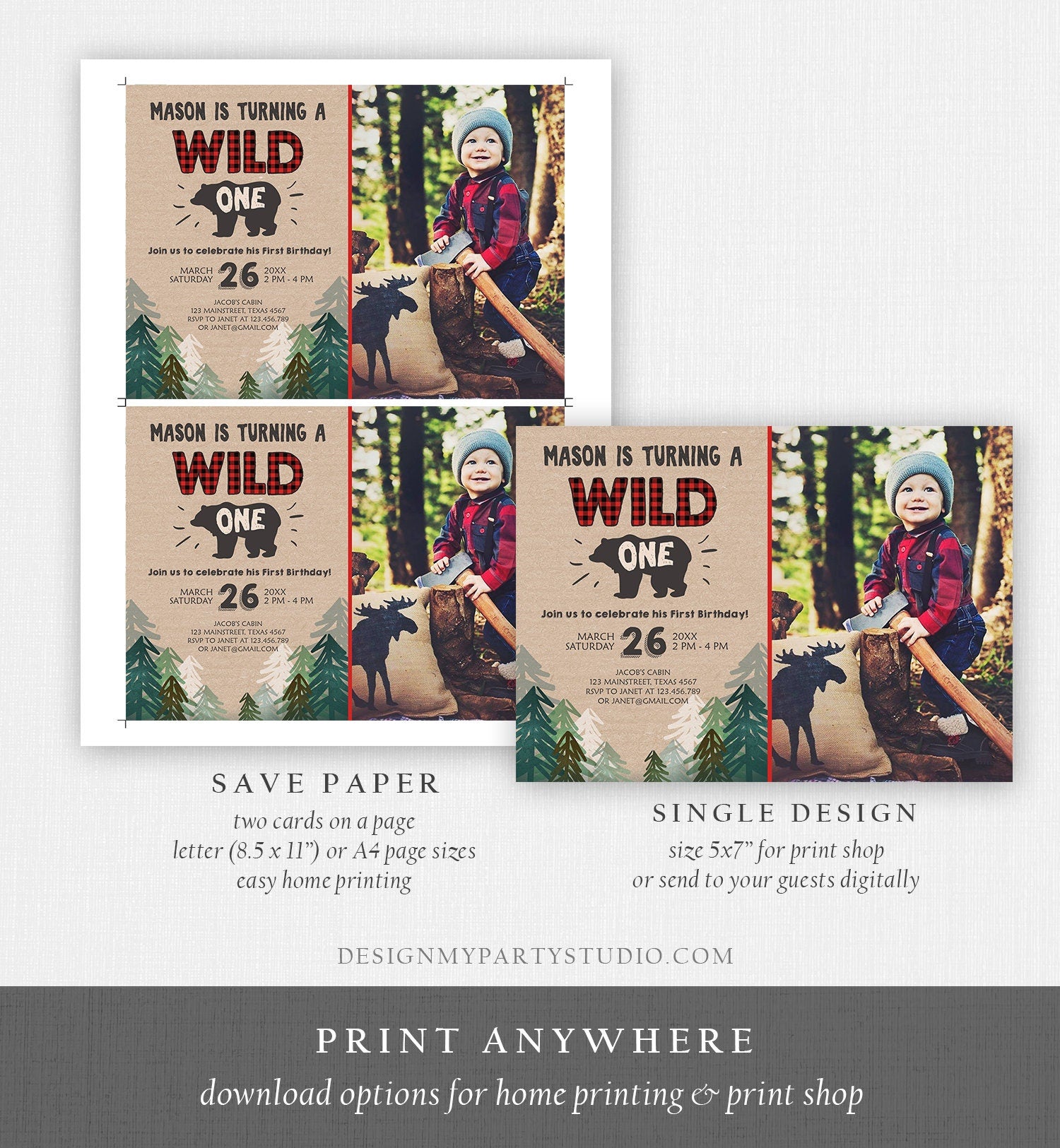 Editable Wild One Birthday Invitation Lumberjack First Birthday Trees Red Black Plaid Outdoor Bear Download Printable Template Corjl 0026