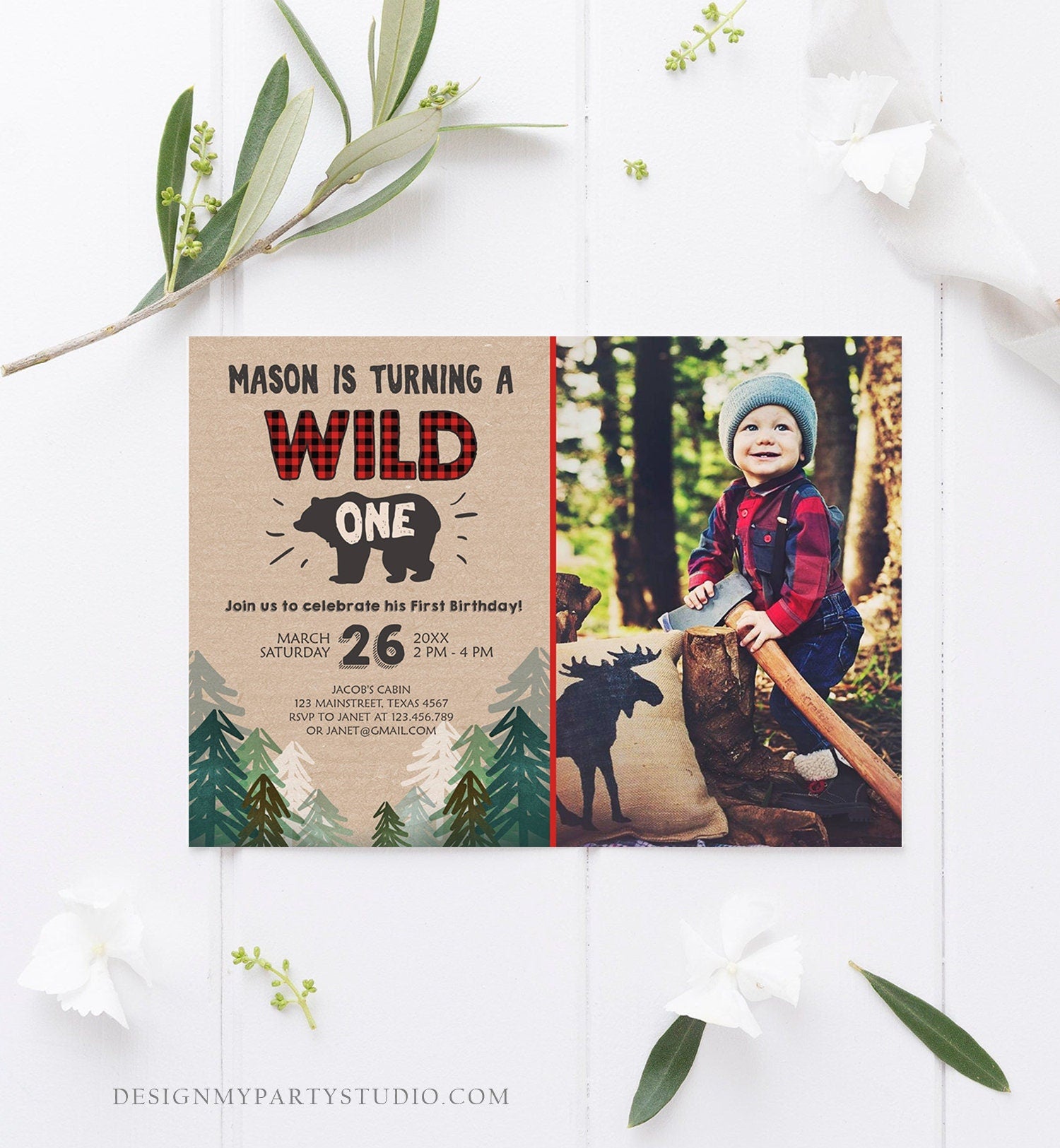 Editable Wild One Birthday Invitation Lumberjack First Birthday Trees Red Black Plaid Outdoor Bear Download Printable Template Corjl 0026