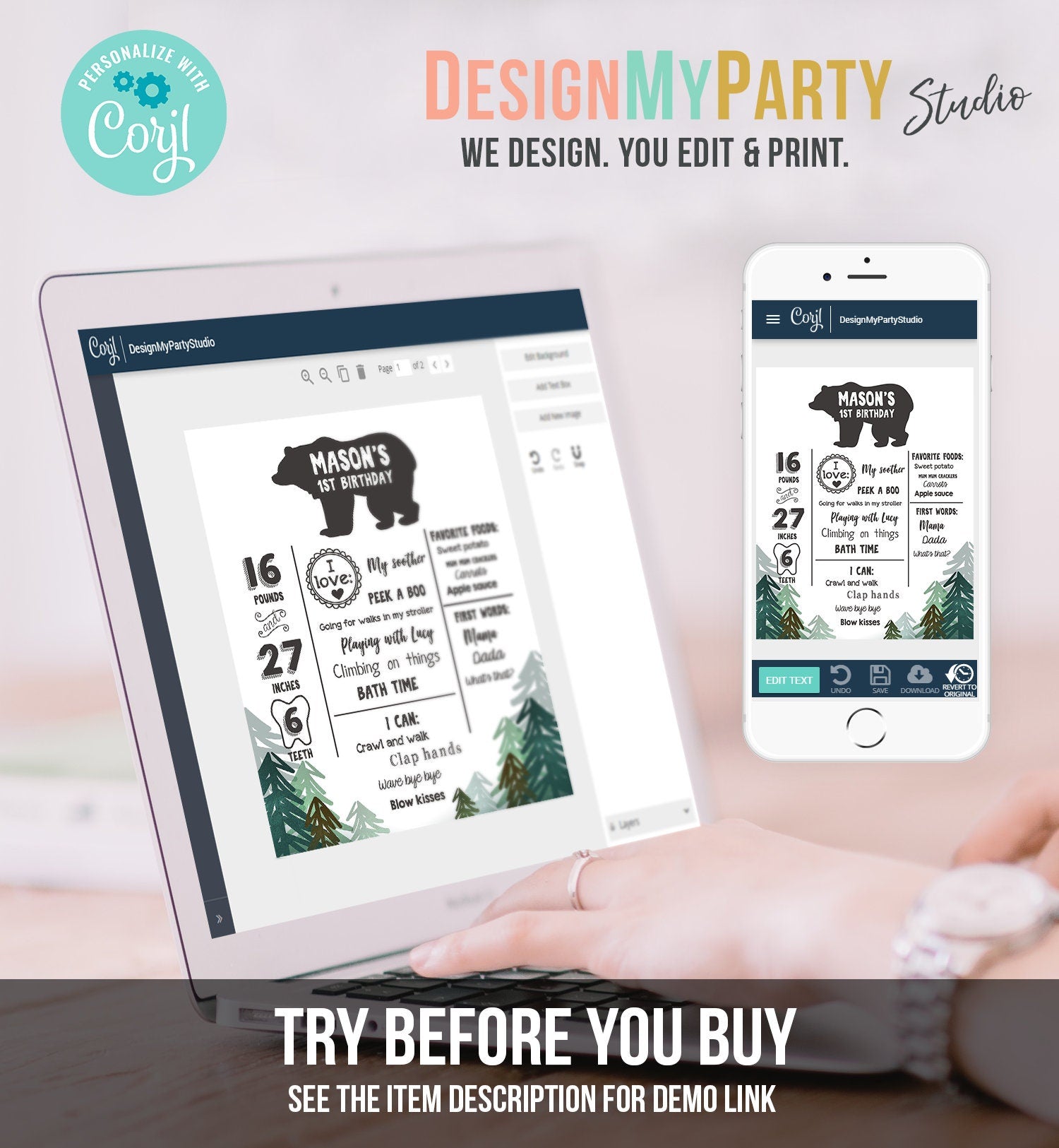 Editable Lumberjack Birthday Milestones Sign Pine Tree Stat Poster Infographic Woodland 1st Birthday Bear Template Printable Corjl 0377