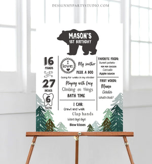 Editable Lumberjack Birthday Milestones Sign Pine Tree Stat Poster Infographic Woodland 1st Birthday Bear Template Printable Corjl 0377