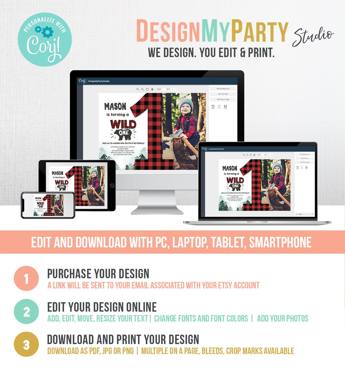 Editable Lumberjack Wild One Birthday Invitation First Birthday Forest Trees Red Plaid Outdoor Bear Boy 1st Printable Corjl Template 0377