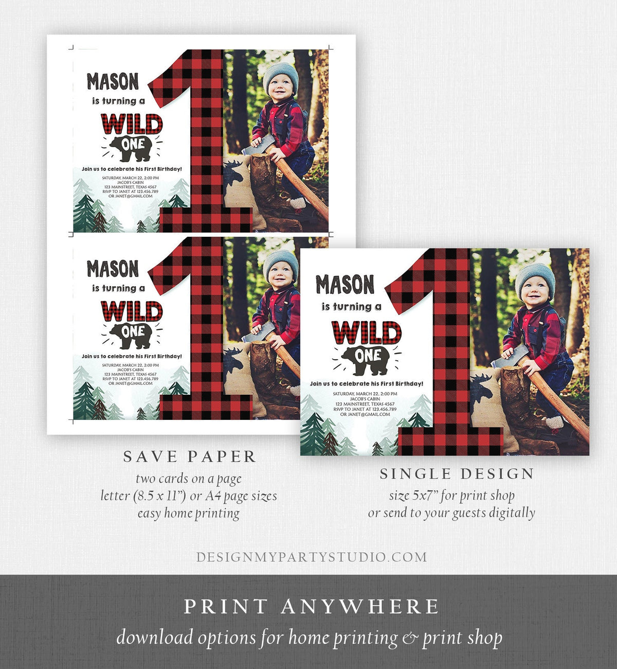 Editable Lumberjack Wild One Birthday Invitation First Birthday Forest Trees Red Plaid Outdoor Bear Boy 1st Printable Corjl Template 0377