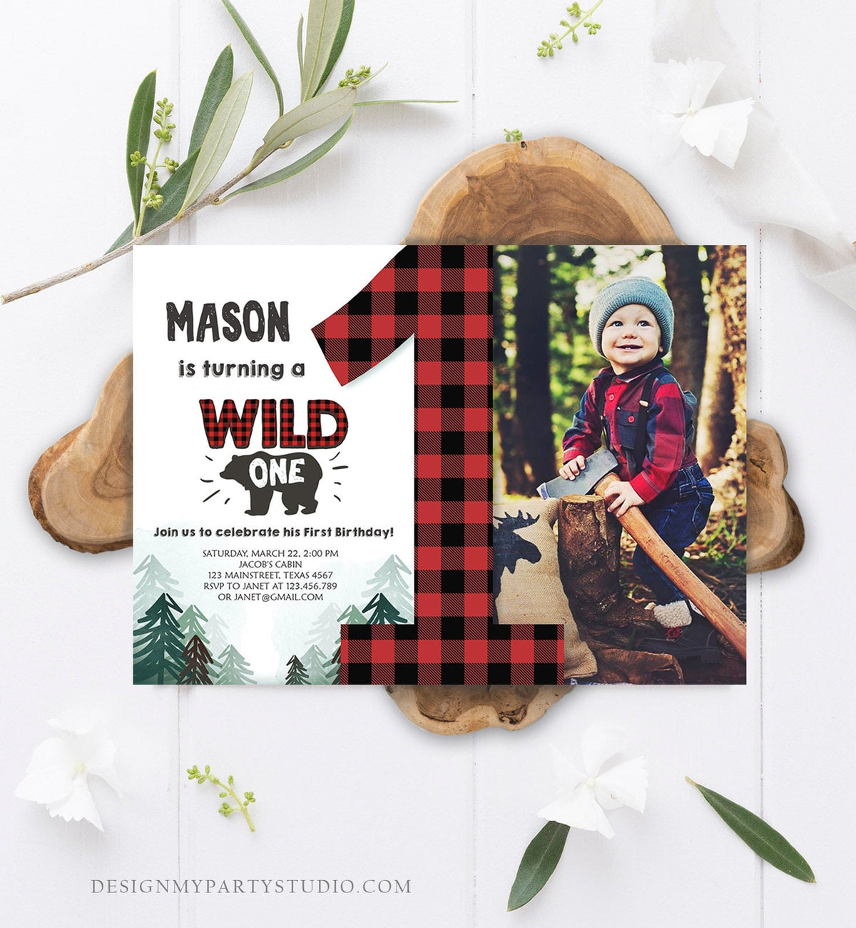 Editable Lumberjack Wild One Birthday Invitation First Birthday Forest Trees Red Plaid Outdoor Bear Boy 1st Printable Corjl Template 0377