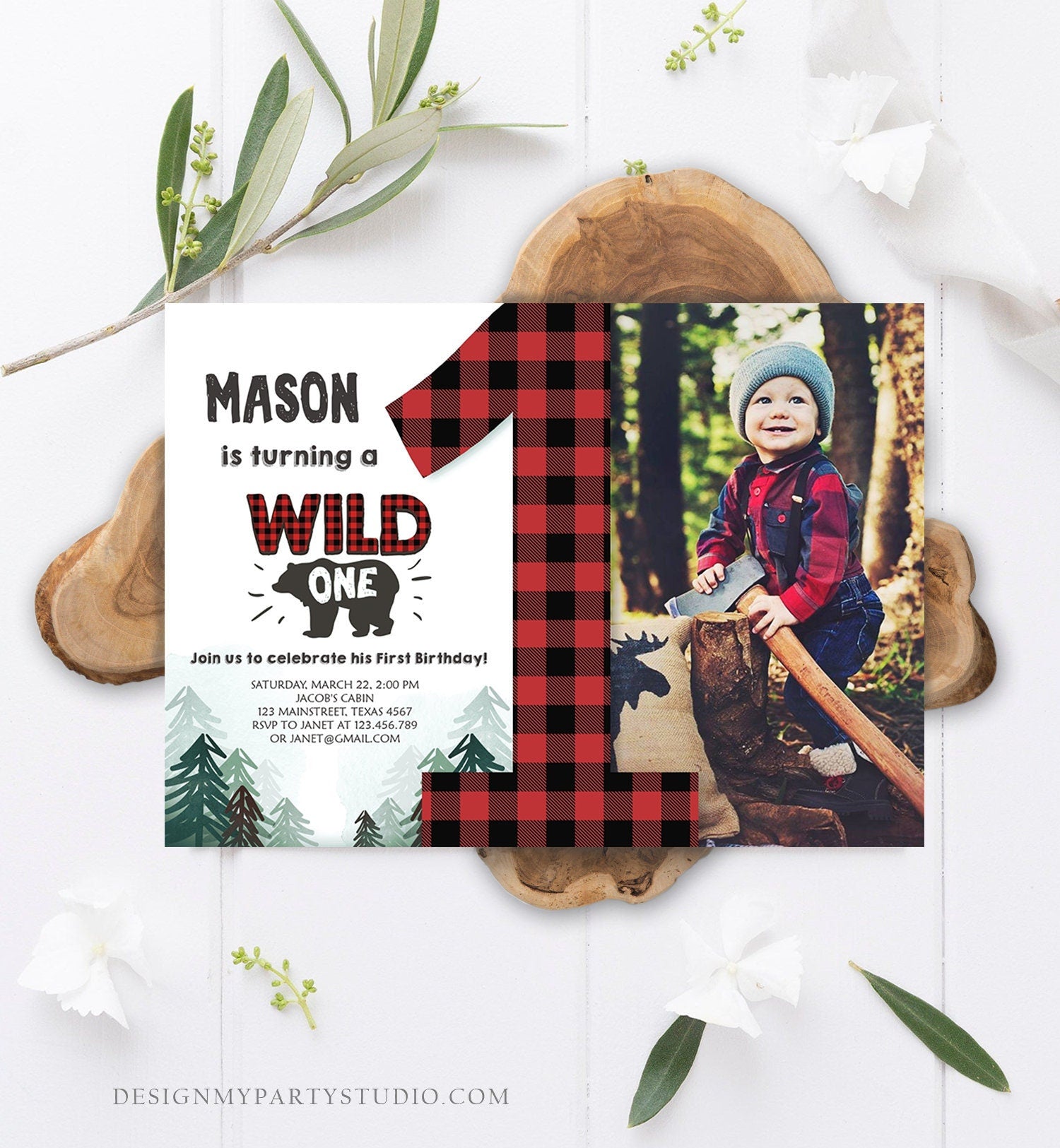 Editable Lumberjack Wild One Birthday Invitation First Birthday Forest Trees Red Plaid Outdoor Bear Boy 1st Printable Corjl Template 0377