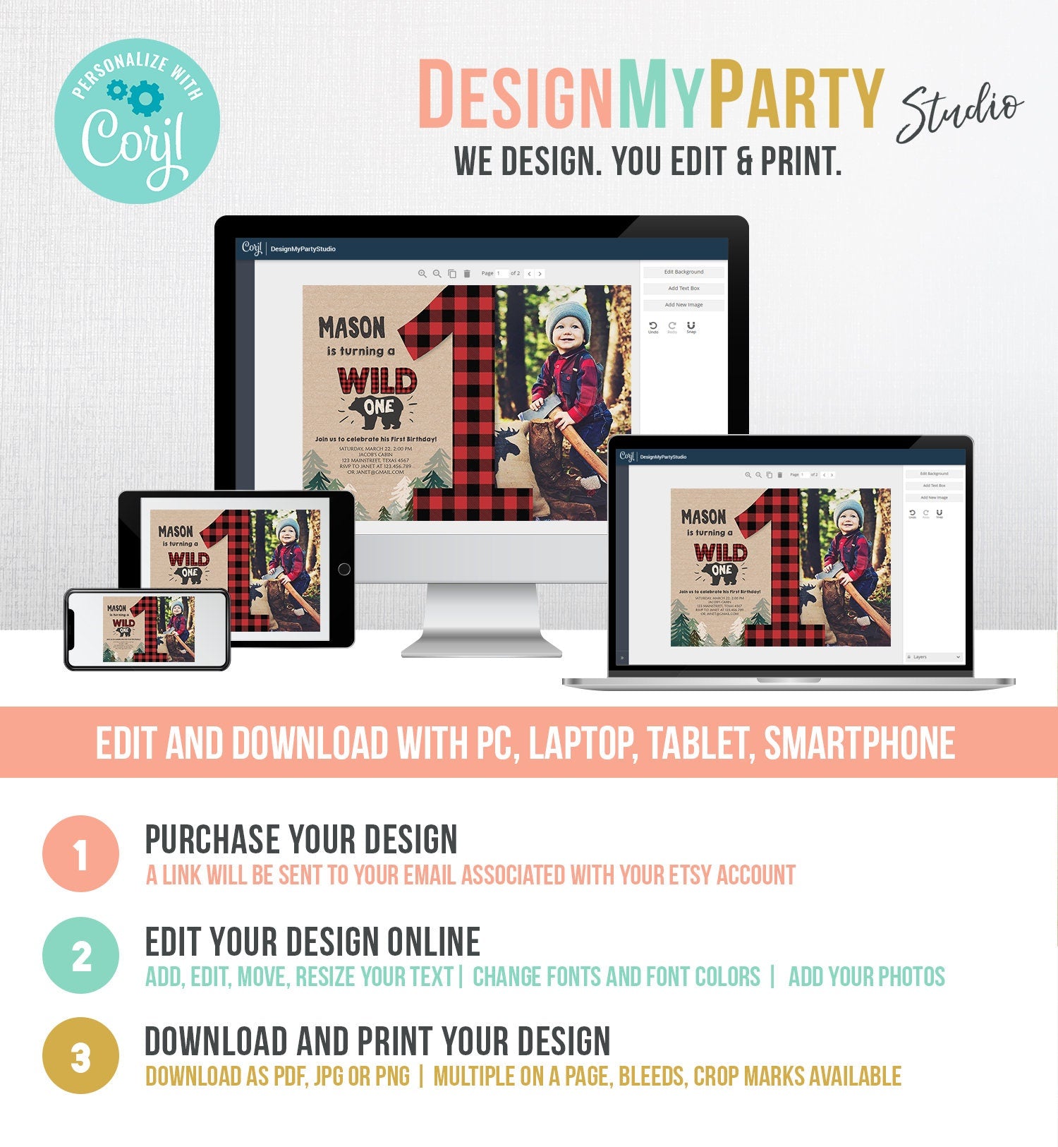 Editable Lumberjack Wild One Birthday Invitation First Birthday Forest Trees Red Plaid Outdoor Bear Boy 1st Digital Template Printable 0026