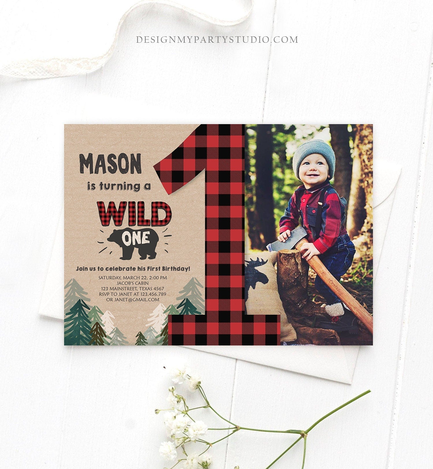 Editable Lumberjack Wild One Birthday Invitation First Birthday Forest Trees Red Plaid Outdoor Bear Boy 1st Digital Template Printable 0026