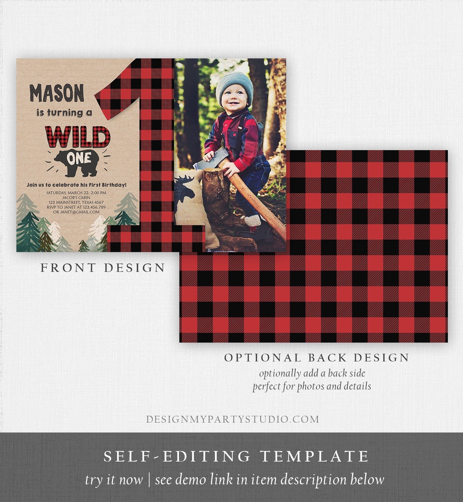 Editable Lumberjack Wild One Birthday Invitation First Birthday Forest Trees Red Plaid Outdoor Bear Boy 1st Digital Template Printable 0026