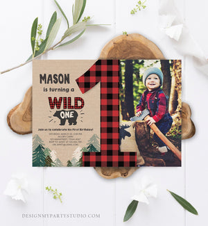 Editable Lumberjack Wild One Birthday Invitation First Birthday Forest Trees Red Plaid Outdoor Bear Boy 1st Printable Corjl Template 0026