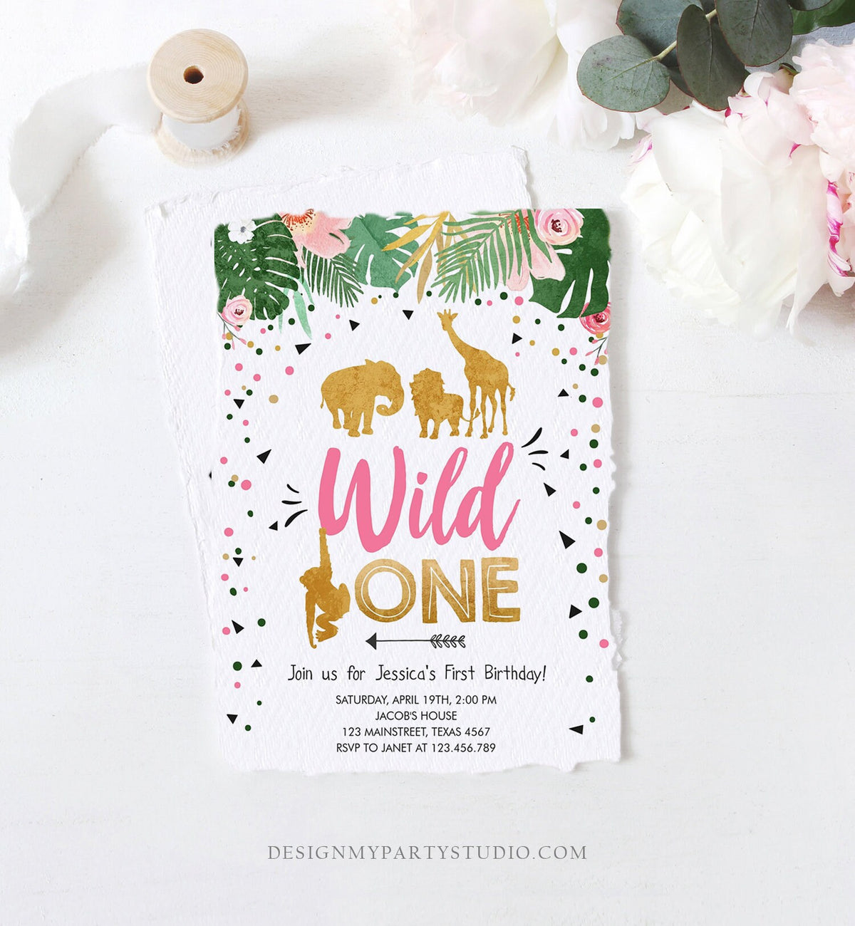 Editable Wild One Birthday Invitation Girl Safari Animals Jungle Zoo Party Animals Pink Gold Instant Download Printable Corjl Template 0016