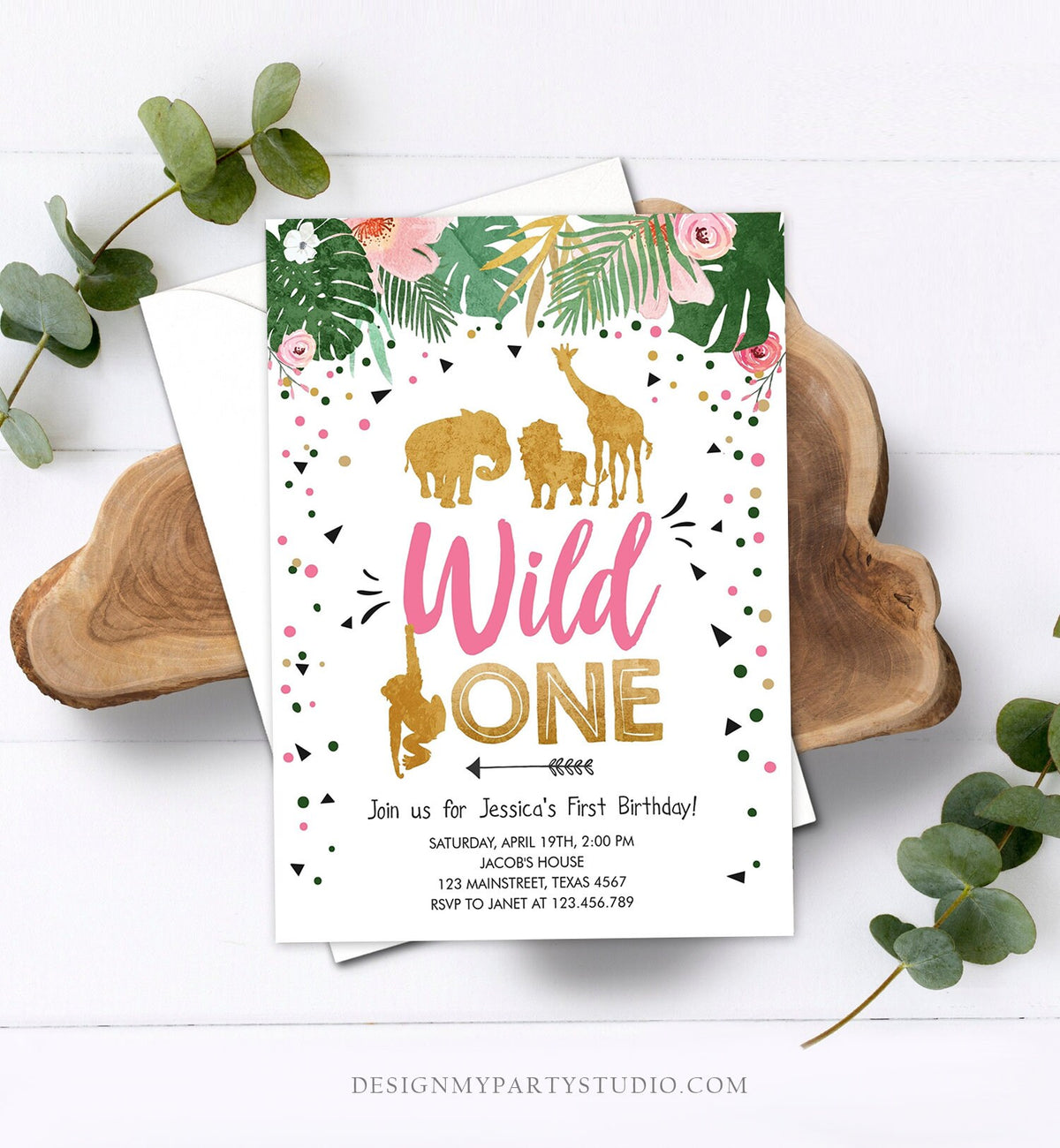 Editable Wild One Birthday Invitation Girl Safari Animals Jungle Zoo Party Animals Pink Gold Instant Download Printable Corjl Template 0016